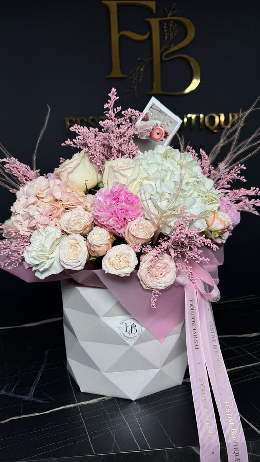 Ніжна квіткова композиція з гортензіями, півоніями та трояндами
